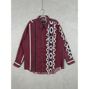 Wrangler Western Shirt Size XL Men Aztec Geometric Maroon Pearl Snap Vintage